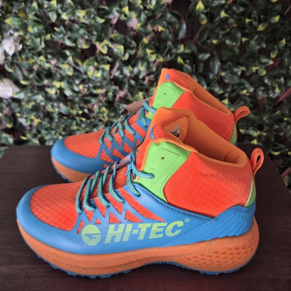 NIB Hi-Tec Destructor Logo Mid Trail Shoe Neon Orange Blue Lime Green Men Size 8 - Picture 1 of 15